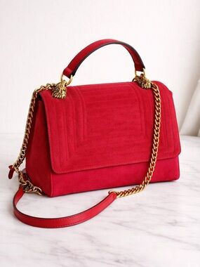 Zara Red Suede Top Handle Chain Bag Structured Flap Crossbody Statement Purse